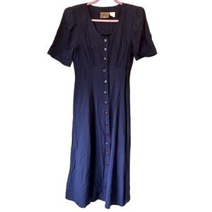 Vintage 90s Navy Blue Short Sleeve Button Down Dress Womens S Midi Casual